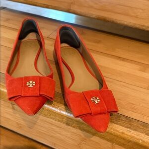 Tory Burch Vibrant Orange Suede Flats with Bow